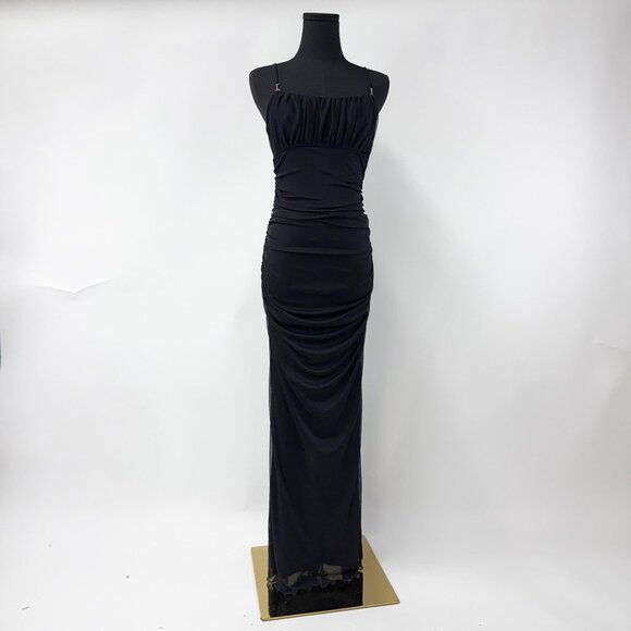 VINTAGE 90S STYLE BLACK RUCHED LONG MAXI DRESS - Picture 11 of 14